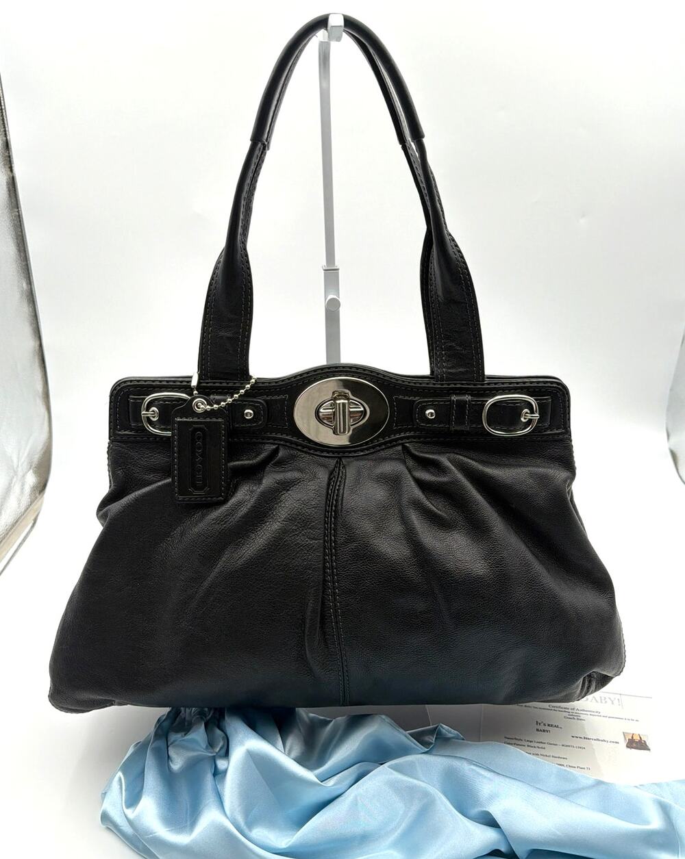 Coach Garnet 13924 Black Leather Shoulder Bag Satchel Purple Lining Turnlock COA